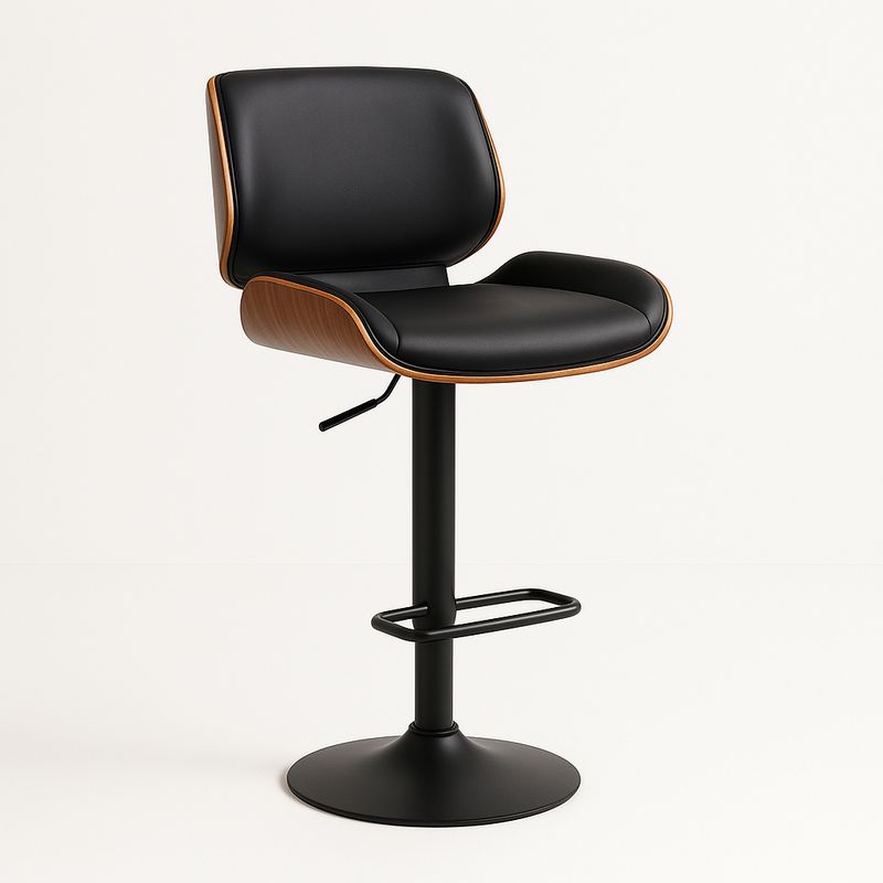 Krzesło barowe z oparciem z czarnej skóry PU i drewna o regulowanej wysokości