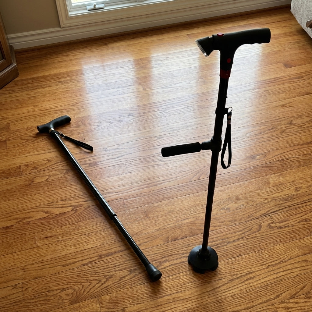 Side-by-side comparison: standard cane fallen on kitchen floor vs. StandSecure standing upright on its own