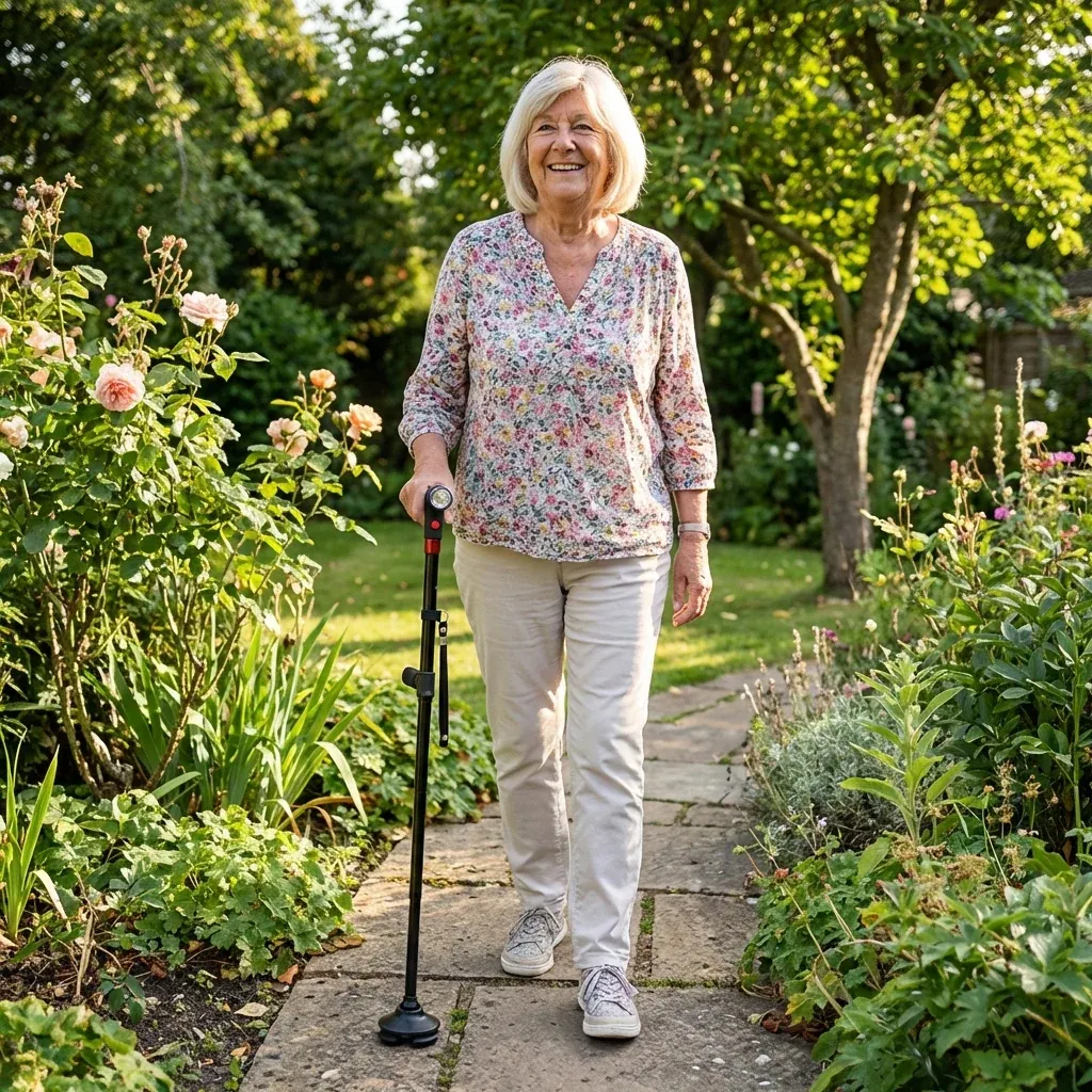 Telescopic, foldable, rotating four-legged cane with LED light and alarm