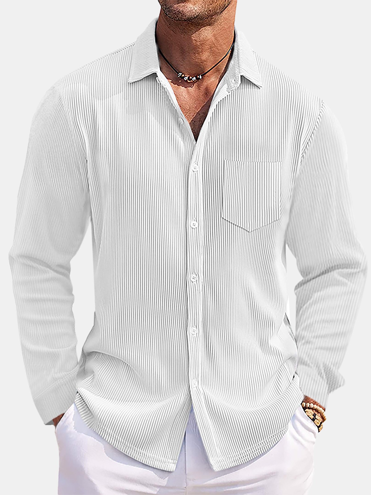 New Men's Solid-Color Loose-Fit, Comfortable Corduroy Long-Sleeve Shirt
