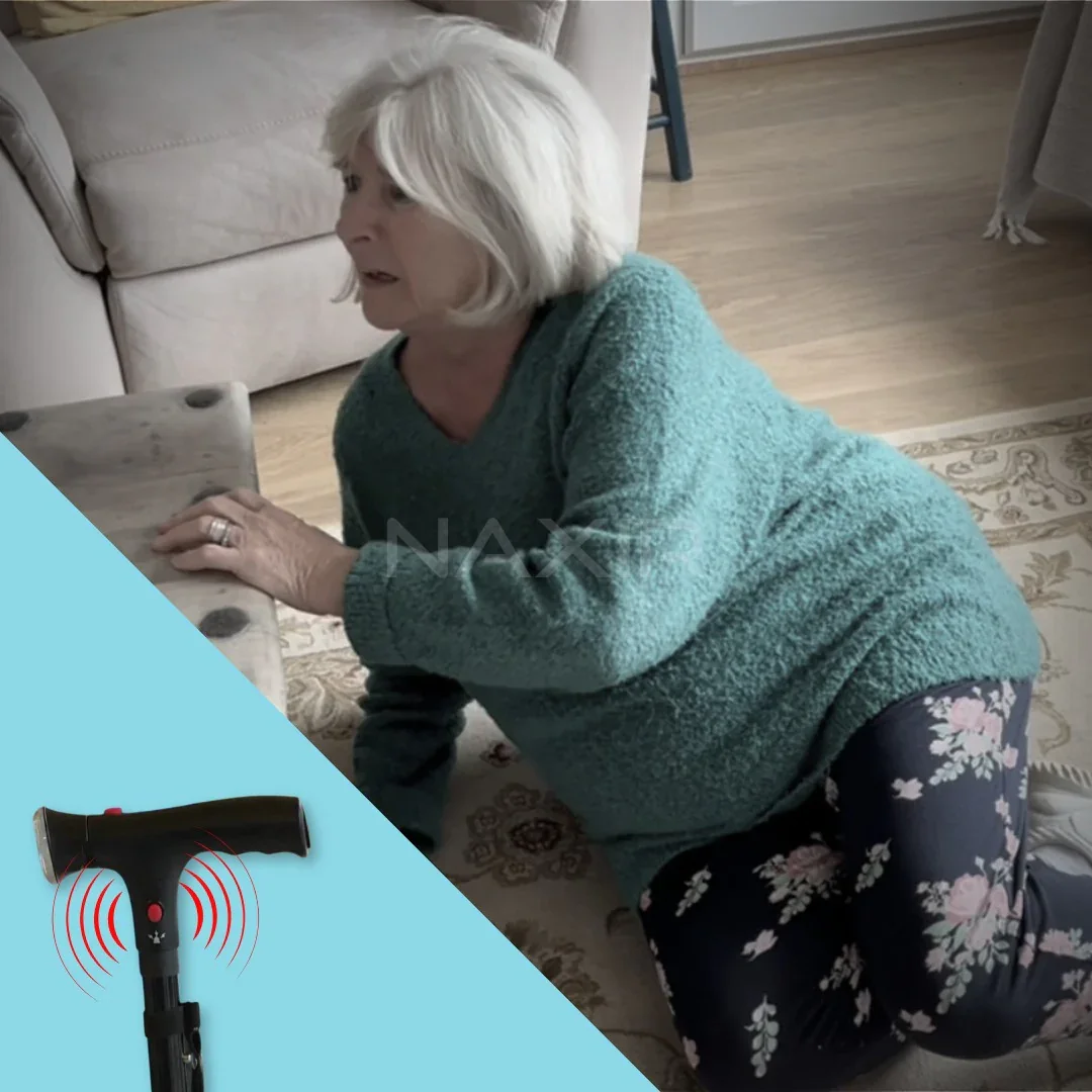 Telescopic, foldable, rotating four-legged cane with LED light and alarm