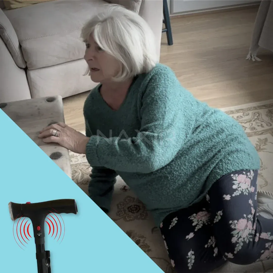Telescopic, foldable, rotating four-legged cane with LED light and alarm