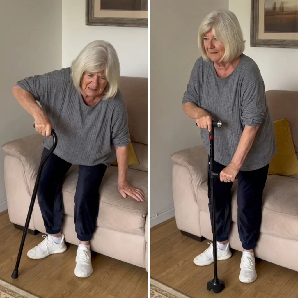 Telescopic, foldable, rotating four-legged cane with LED light and alarm