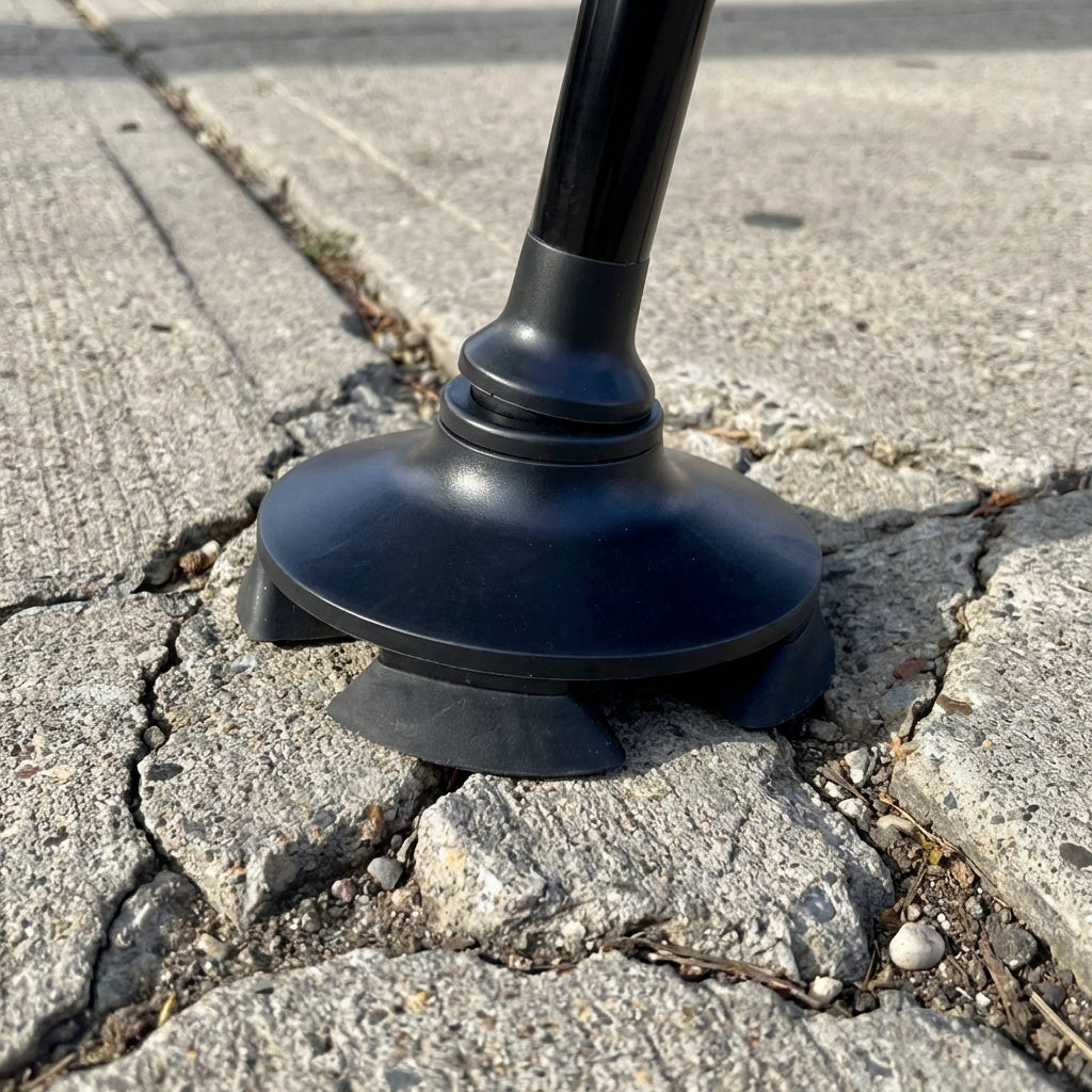 Close-up of StandSecure's wide pivoting base gripping a cracked sidewalk