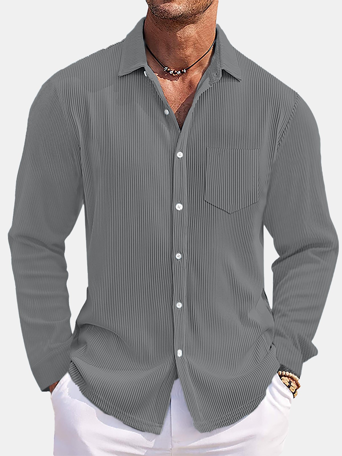 New Men's Solid-Color Loose-Fit, Comfortable Corduroy Long-Sleeve Shirt