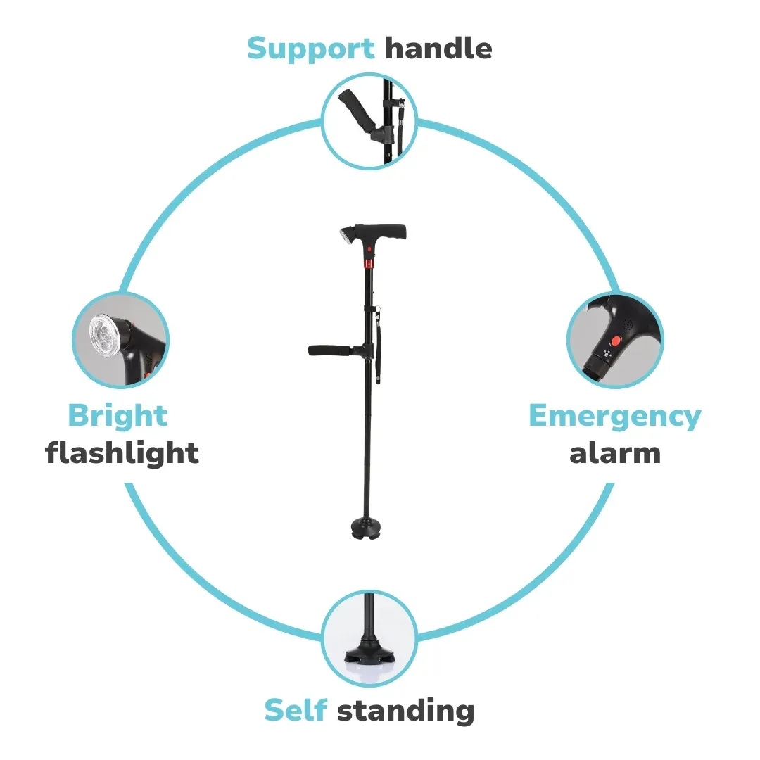 Telescopic, foldable, rotating four-legged cane with LED light and alarm