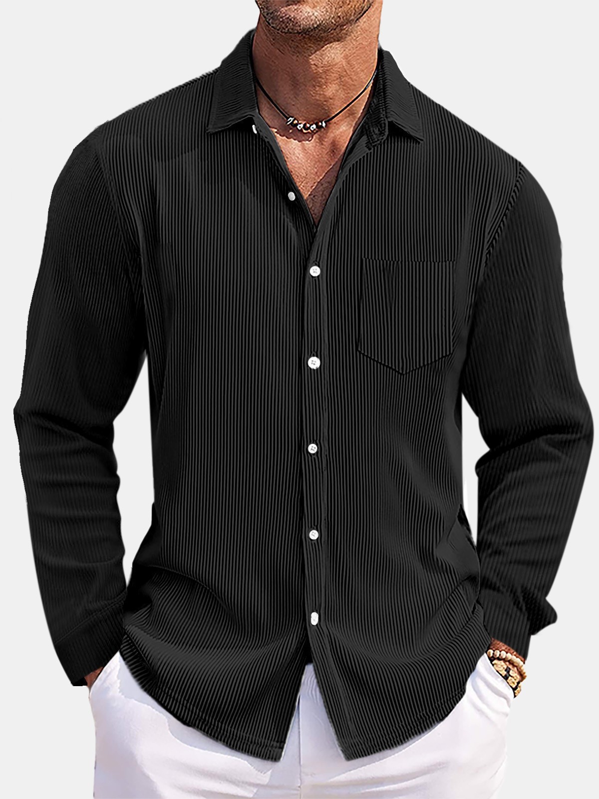 New Men's Solid-Color Loose-Fit, Comfortable Corduroy Long-Sleeve Shirt