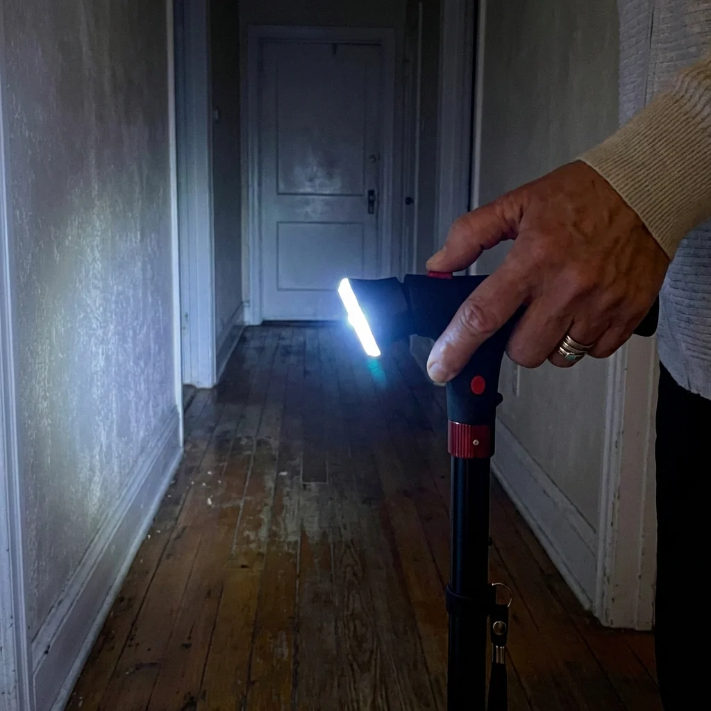 Telescopic, foldable, rotating four-legged cane with LED light and alarm