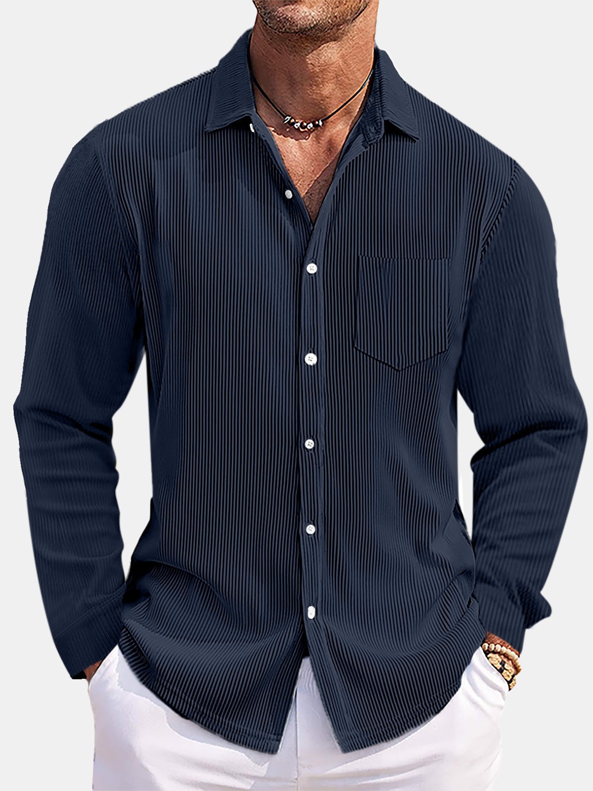 New Men's Solid-Color Loose-Fit, Comfortable Corduroy Long-Sleeve Shirt