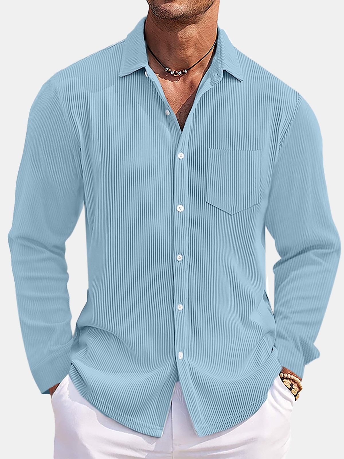 New Men's Solid-Color Loose-Fit, Comfortable Corduroy Long-Sleeve Shirt