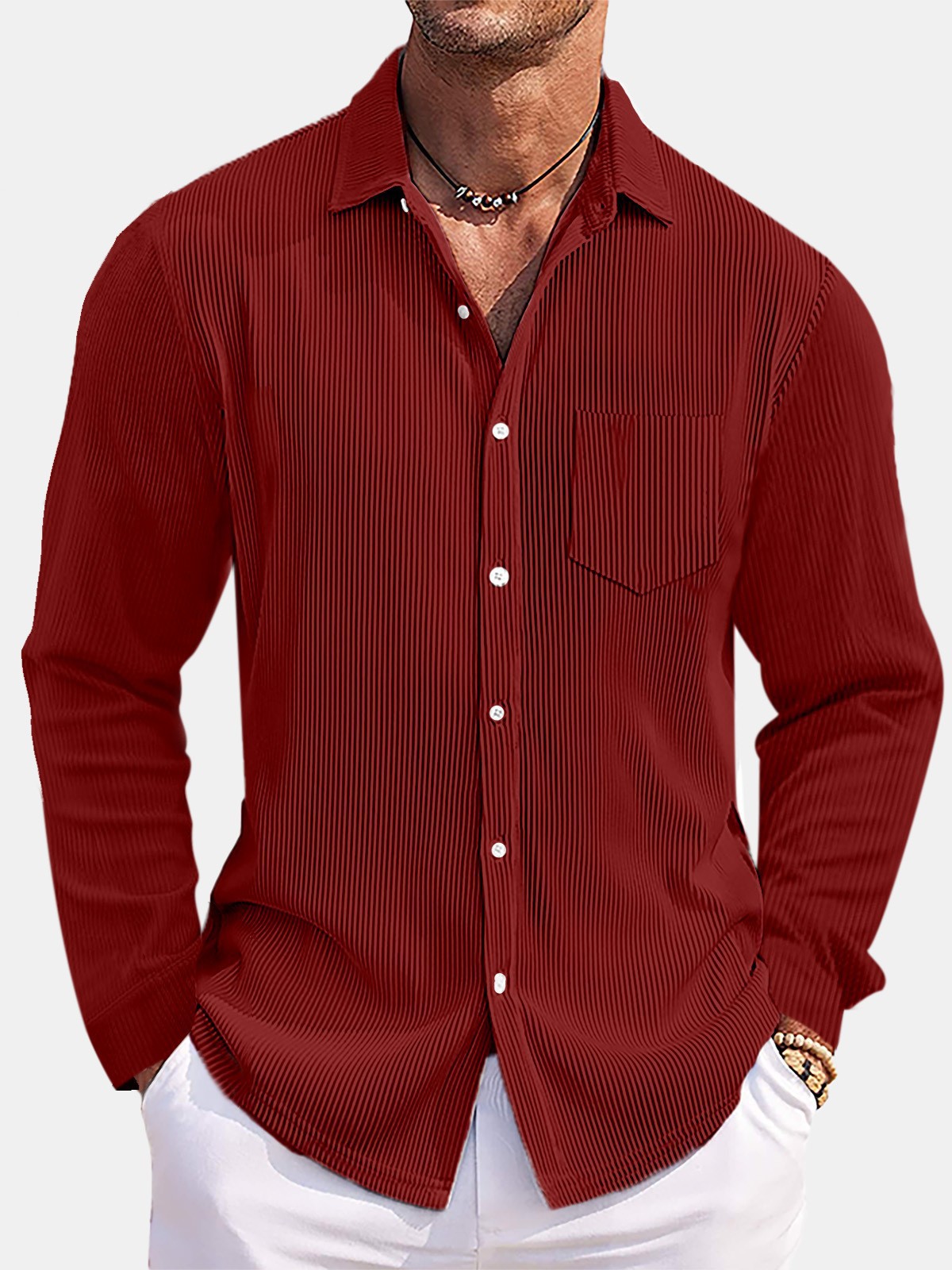 New Men's Solid-Color Loose-Fit, Comfortable Corduroy Long-Sleeve Shirt