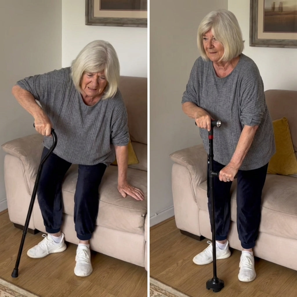 Before and after comparison: struggling with a standard cane vs. easily standing with StandSecure's second handle