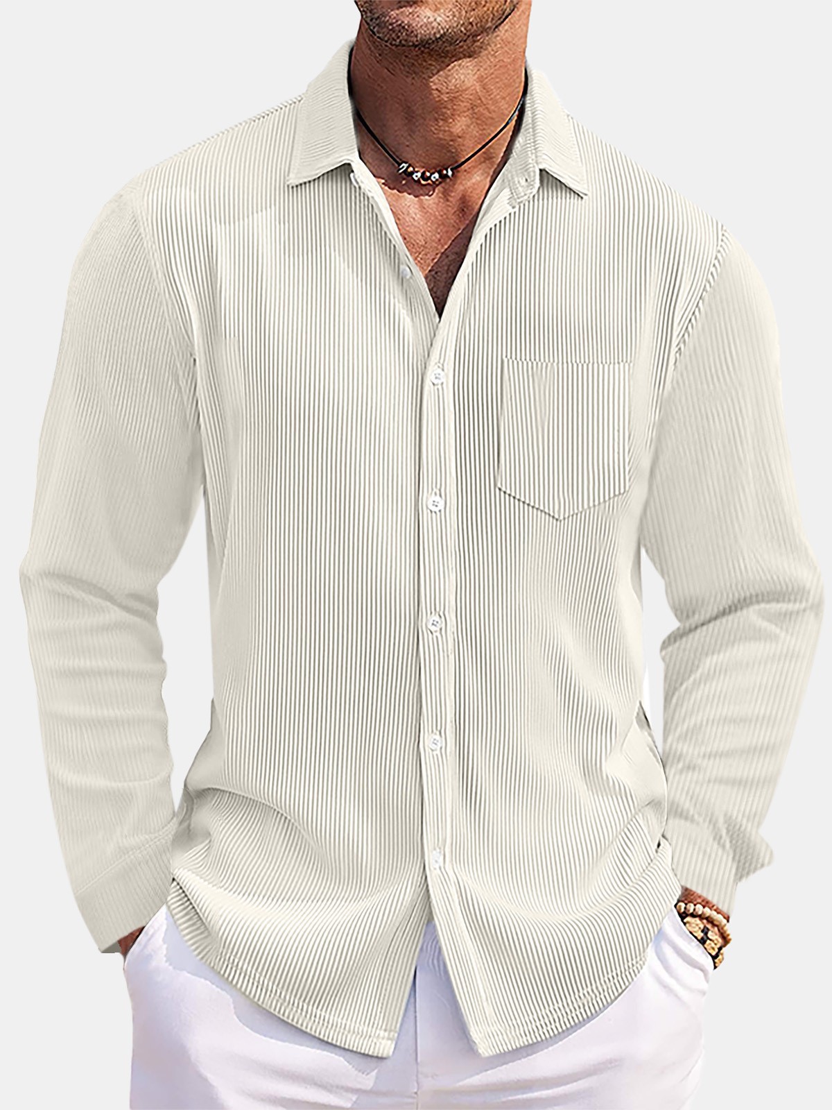 New Men's Solid-Color Loose-Fit, Comfortable Corduroy Long-Sleeve Shirt