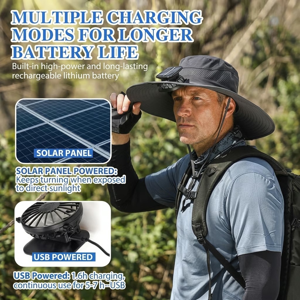 🔥LAST DAY 49% OFF - Wide Brim Solar Fan Outdoor Fishing Hat-Solar & USB Charging