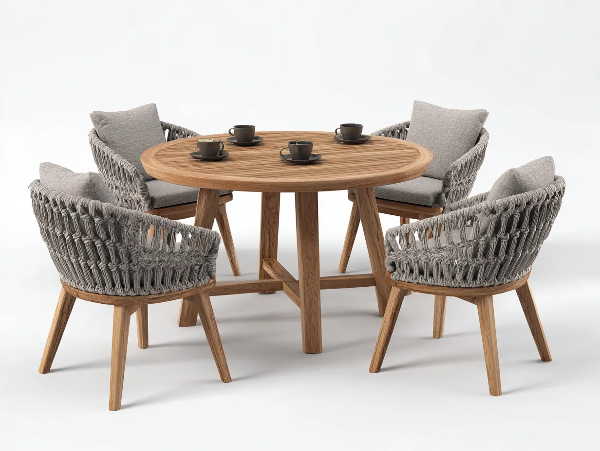 Conjuntos de comedor de jardín mesa redonda de madera con 4 sillas de cuerda 120x120x75 cm - gris-madera - diseño moderno para exterior-Homimybase