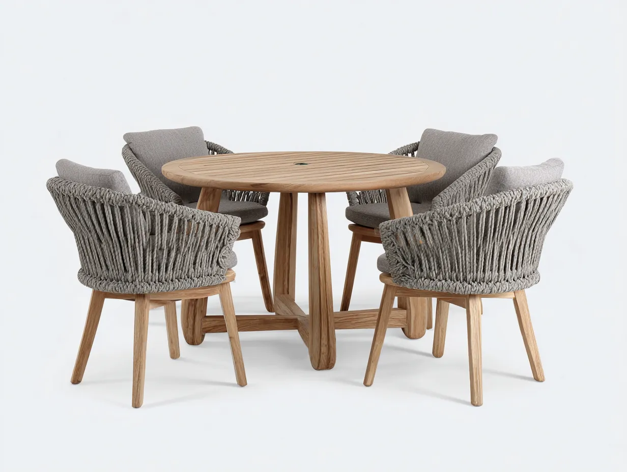 Conjuntos de comedor de jardín mesa redonda de madera con 4 sillas cuerda trenzada 120x120x75 cm - madera natural-gris - diseño moderno para jardín-Homimybase