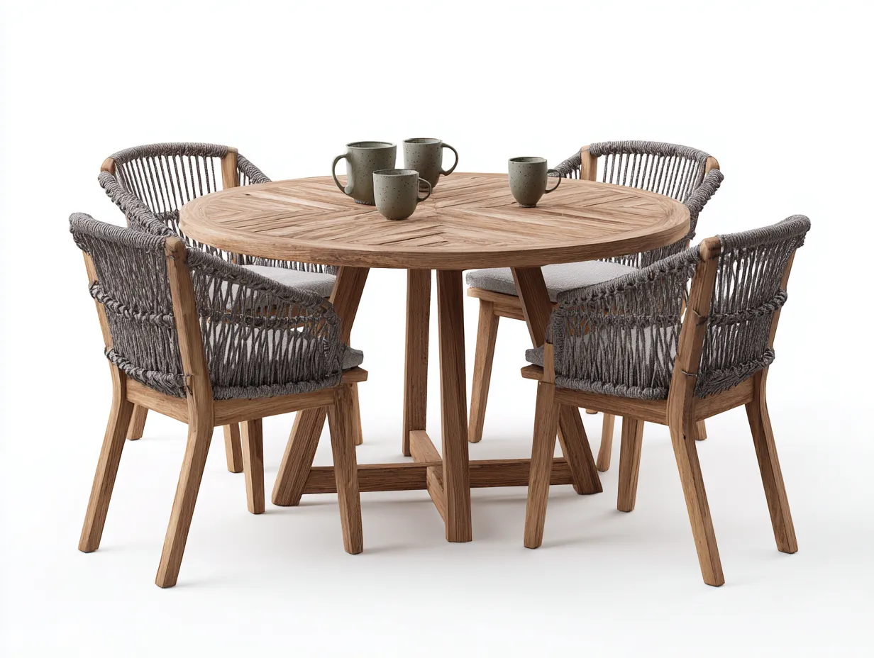 Conjuntos de comedor de jardín de madera con mesa redonda y 4 sillas 120x120x75 cm - marrón-gris - diseño natural-Homimybase