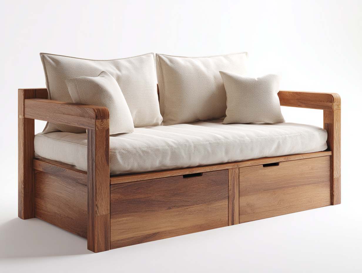 Schlafsofa Massivholz Stoff mit Stauraum 200x90x80 cm - Naturholz - Beige - Modernes Design geeignet für Schlafzimmer und Gästezimmer-Oakgonest