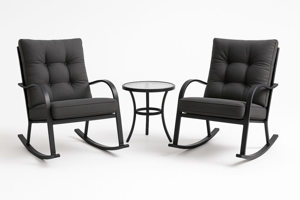 Zestaw mebli ogrodowych 2 fotele bujane z poduszkami czarne szkło 5mm stal