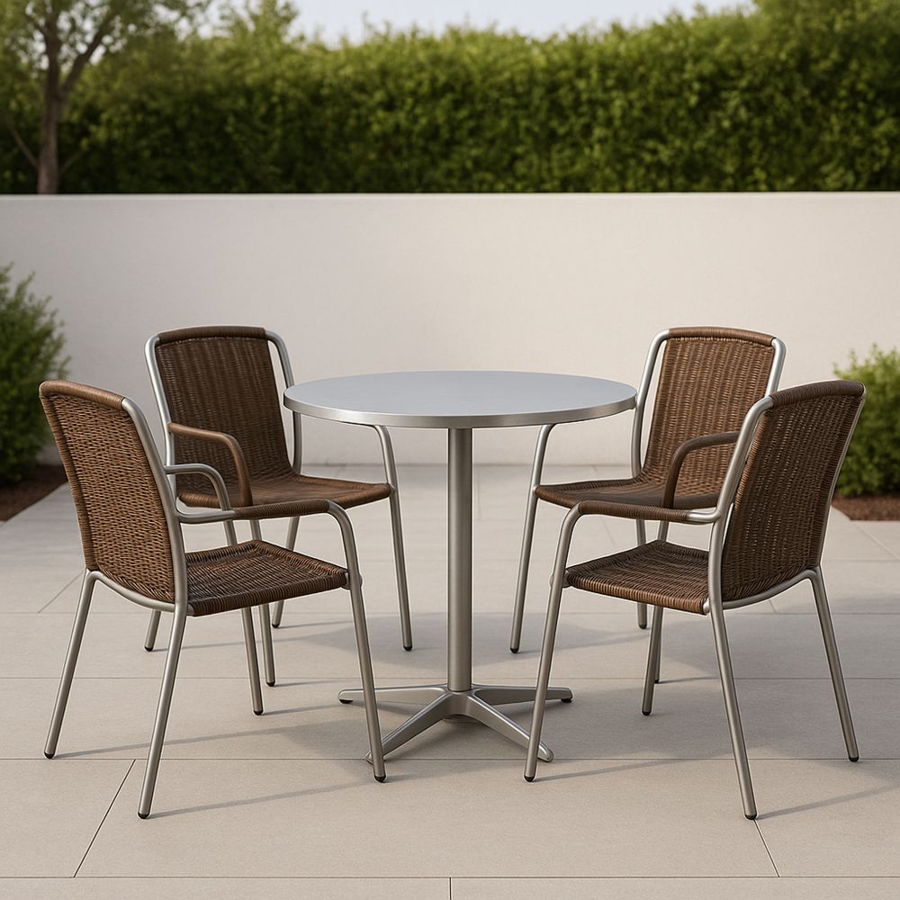 Zestaw mebli ogrodowych stół okrągły metalowy brązowe krzesła rattan 4 sztuki