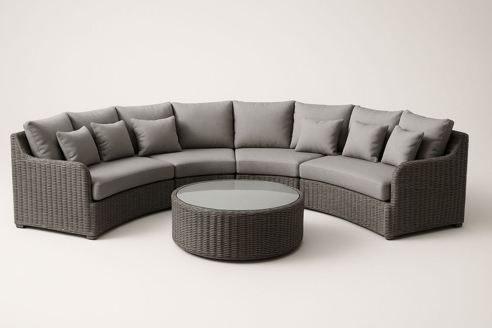 Modułowy narożnik technorattanowy szary z poduszkami i stolikiem szklanym