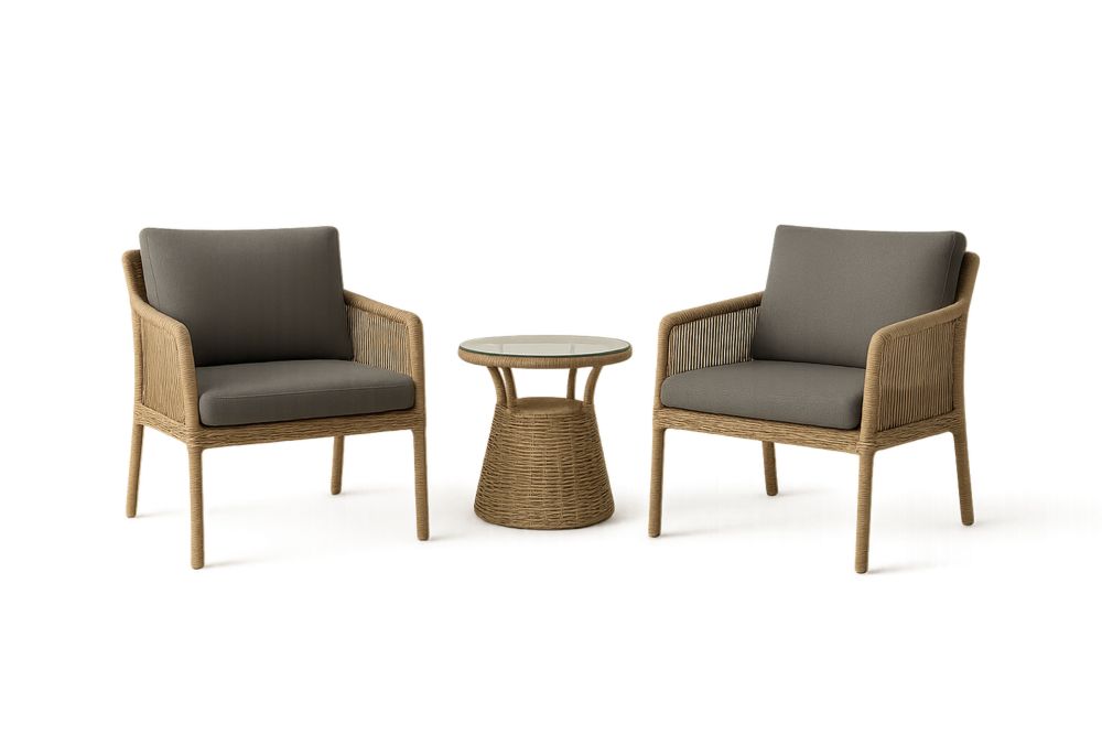 Zestaw mebli ogrodowych dwa fotele stół okrągły wiklina szkło hartowane beżowy brązowy