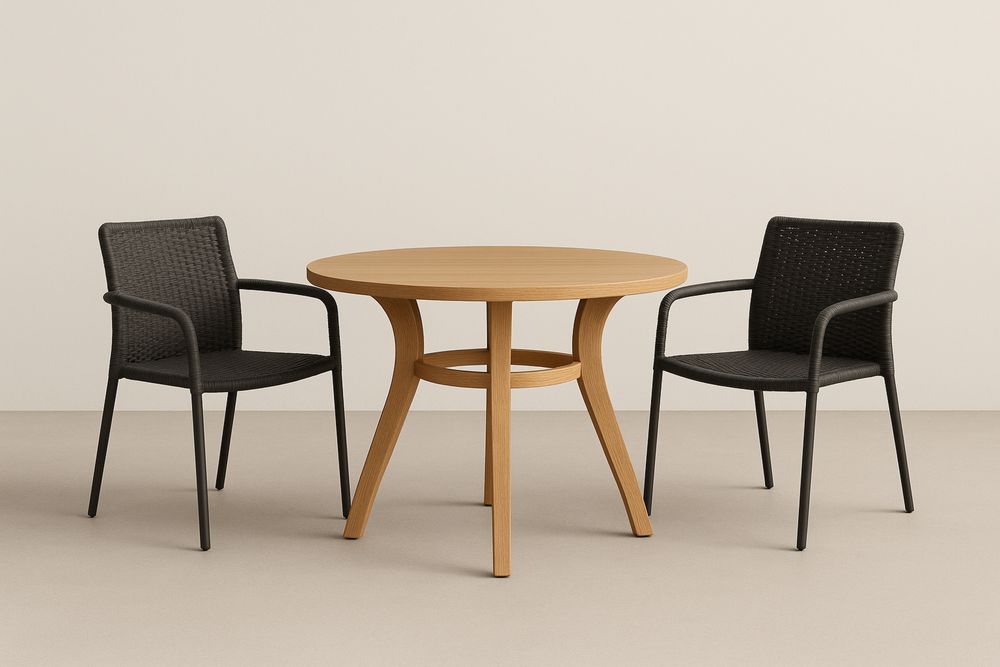 Stół okrągły drewniany i dwa krzesła aluminiowe z wikliny czarny