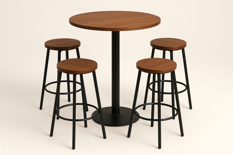 Zestaw stołowy z okrągłym stołem i 4 stołkami, metalowe nogi, brązowy