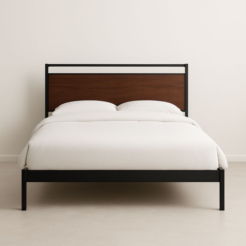 Łóżko metalowe z zagłówkiem drewnianym 210x150 cm czarne