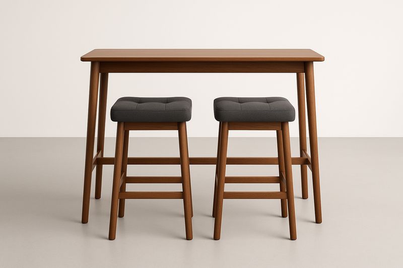 Wysoki Zestaw Drewniany z Tapicerowanymi Stołkami Szarymi