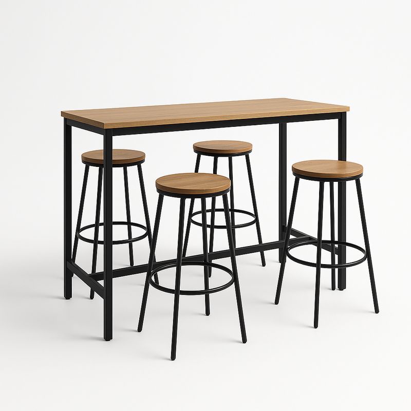 Zestaw 5-częściowy stołowy z drewnianym blatem i czarnymi metalowymi hokerami