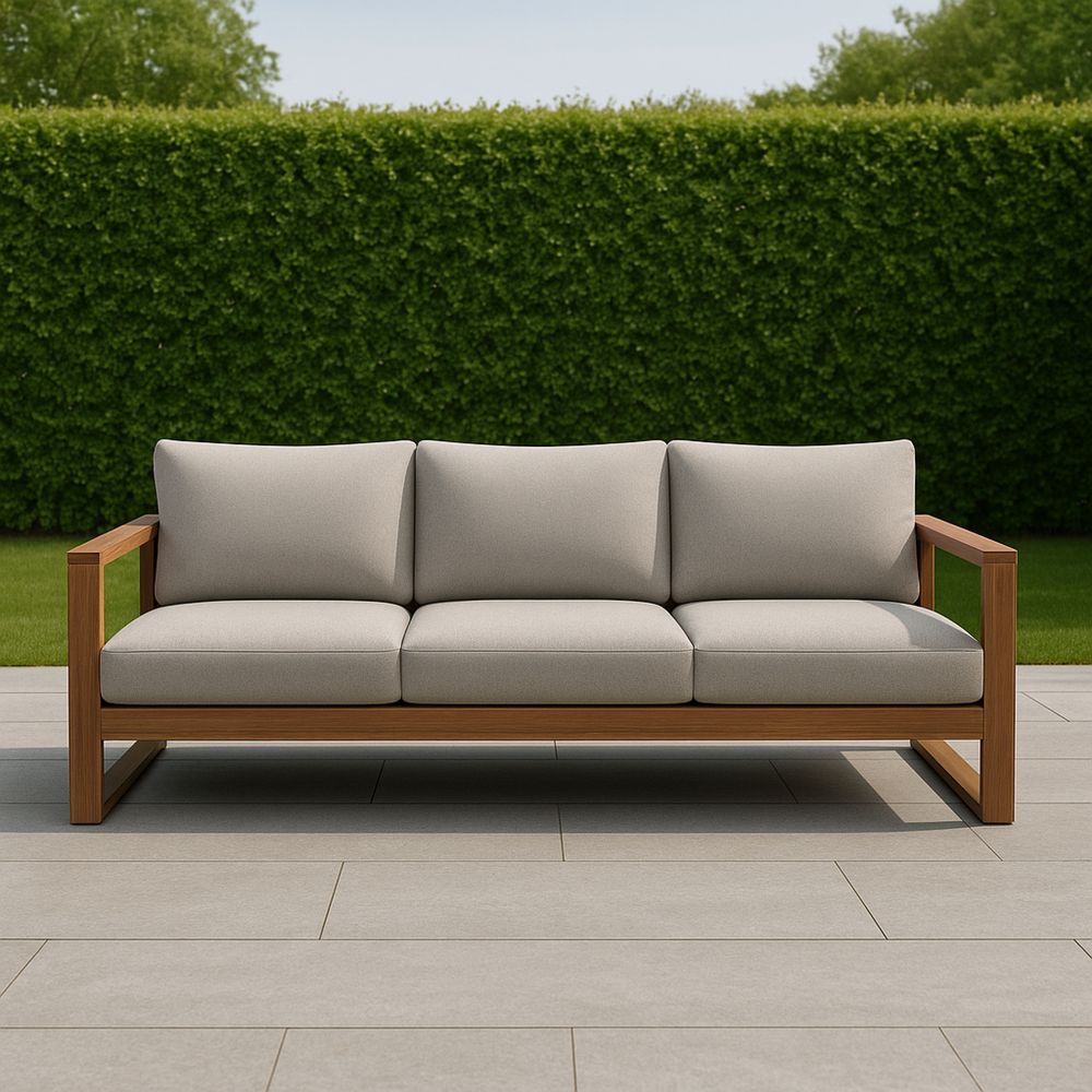 Sofa ogrodowa z drewna z beżowymi poduszkami