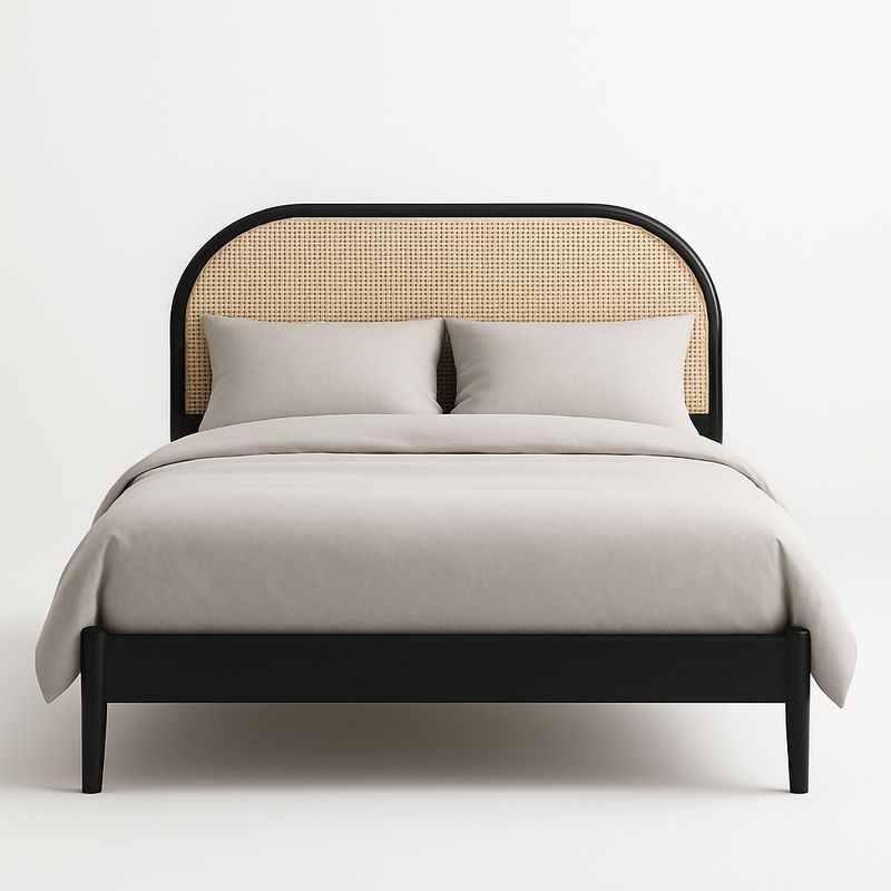 Łóżko podwójne z plecionką rattanową czarne 160x200 cm