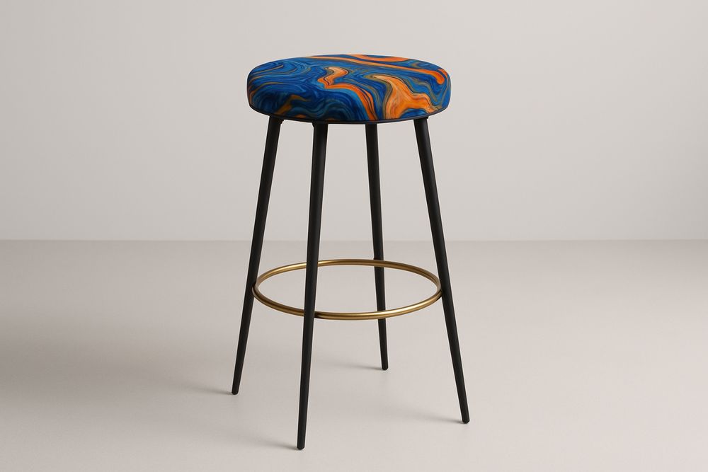 Hoker tapicerowany bawełną w kolorze niebiesko-pomarańczowym, stalowy, 75 cm