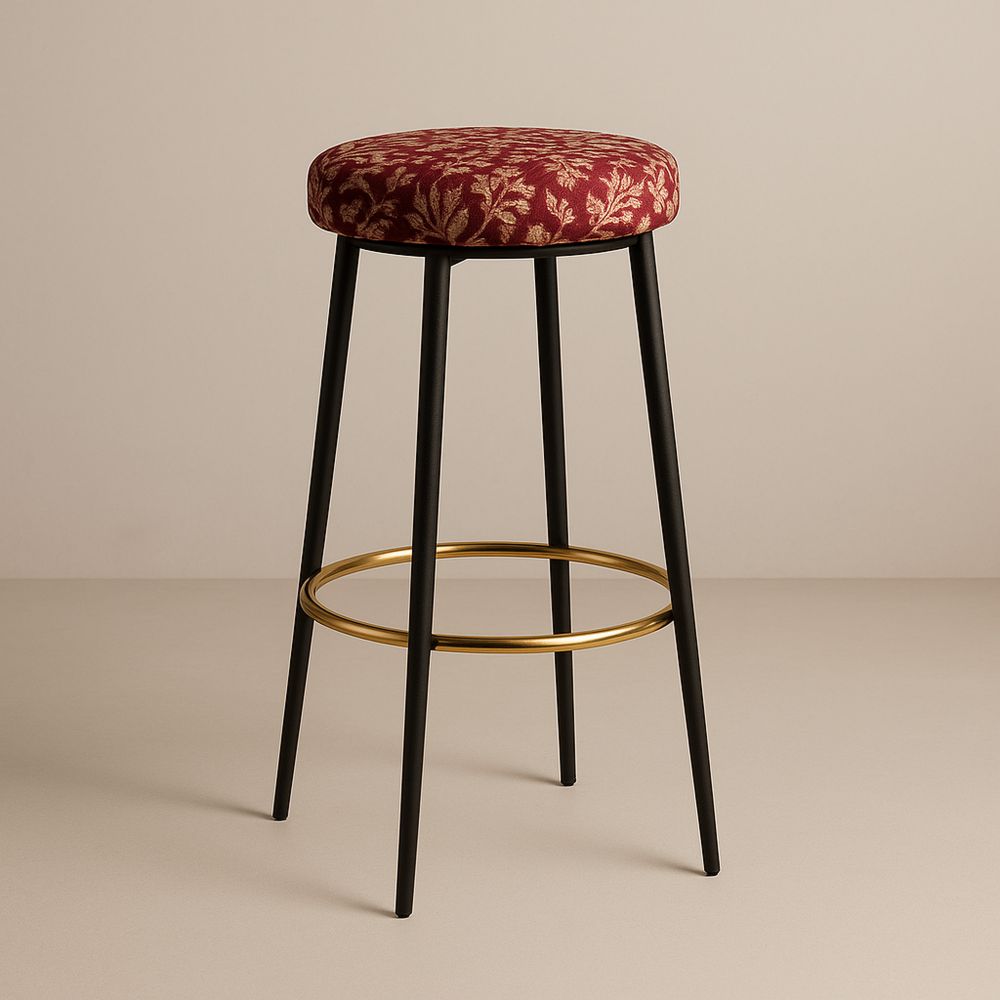 Stołek tapicerowany okrągły tkanina poliestrowa czerwony czarny metalowy stelaż 75 cm