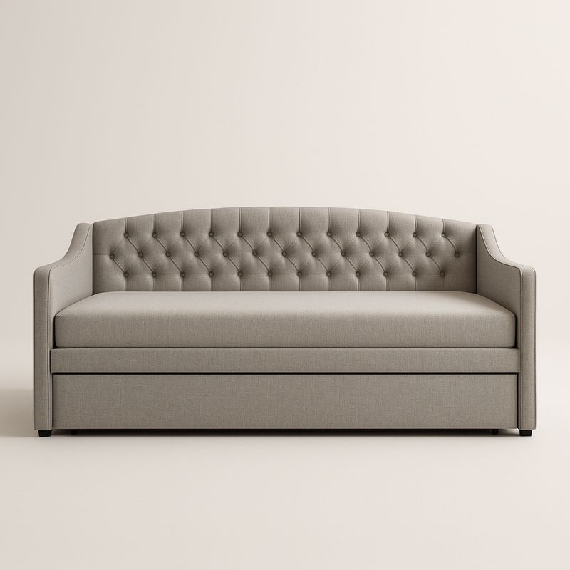 Rozkładana sofa z tkaniny beżowej z drewnianą ramą