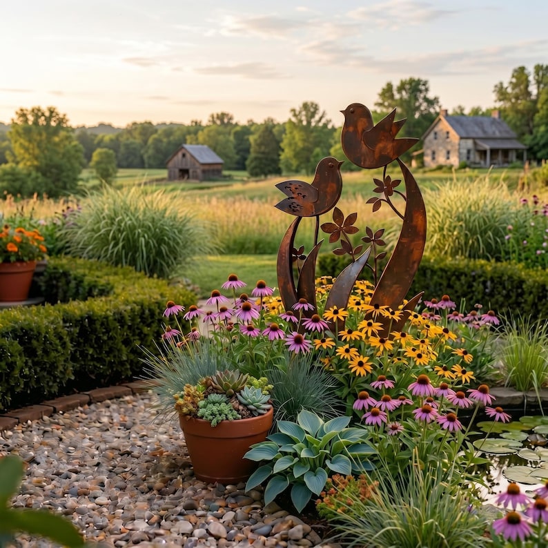 🐦 Rustic Metal Bird Garden Sculpture Outdoor Yard Art