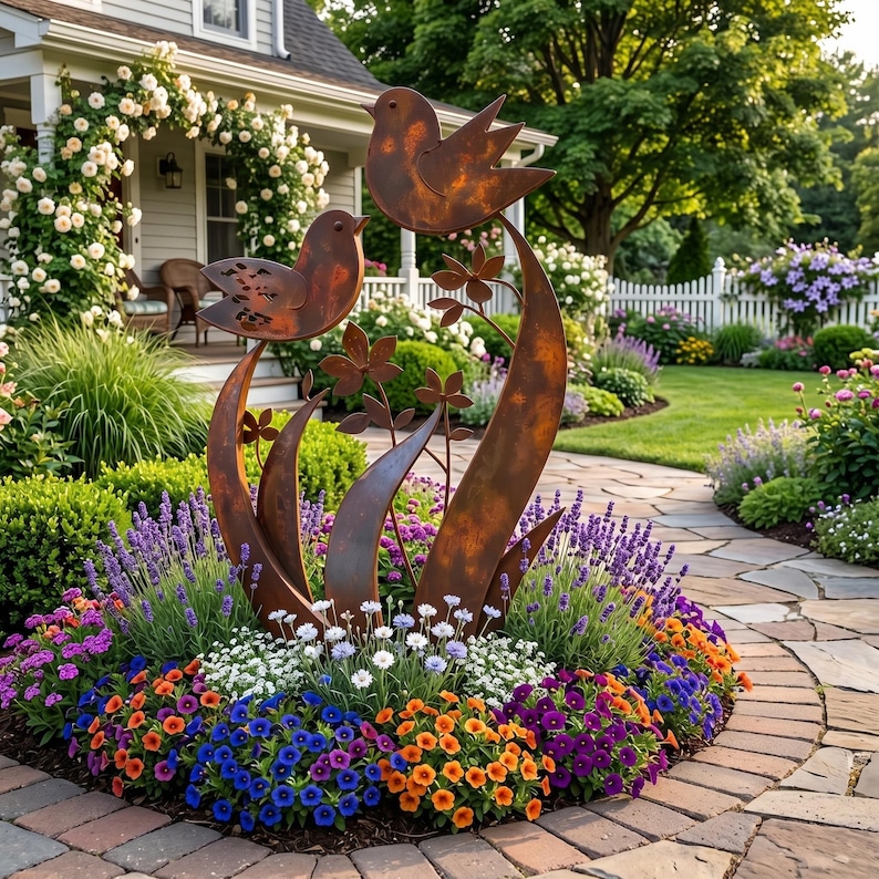 🐦 Rustic Metal Bird Garden Sculpture Outdoor Yard Art