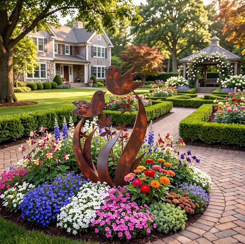 🐦 Rustic Metal Bird Garden Sculpture Outdoor Yard Art