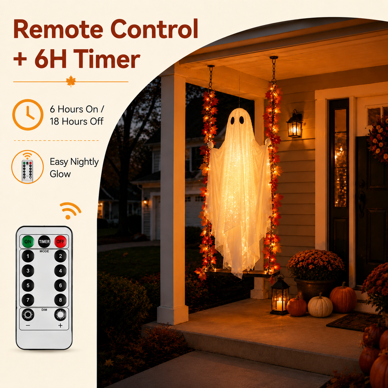 💥Limited time 50% Off🎃-👻 LED Hanging Swing Ghost Decoration, 5FT Remote‑Controlled Halloween Outdoor Hanging Decor🎃