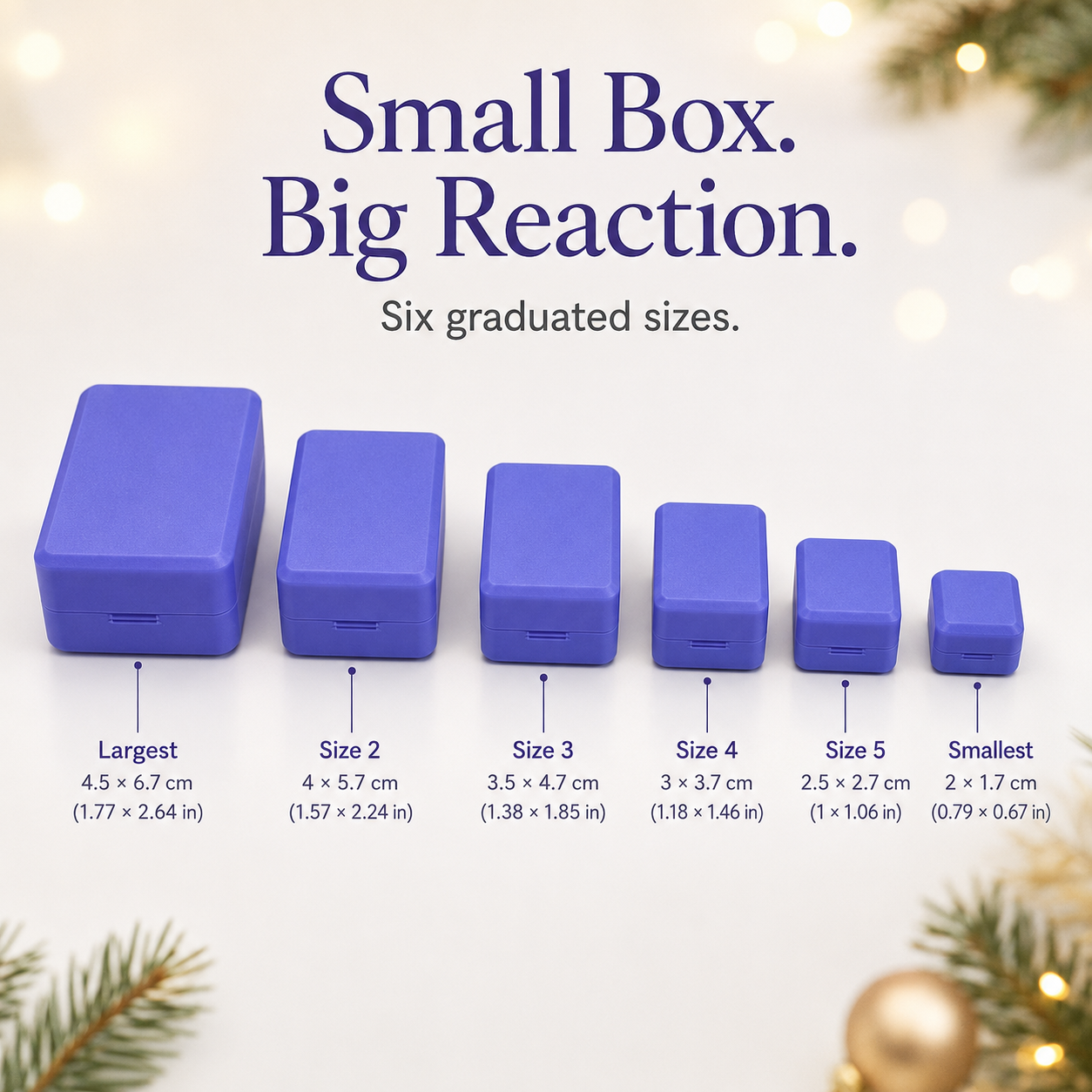 Set of 6 purple nesting prank gift boxes stacked with tiny surprise figurine