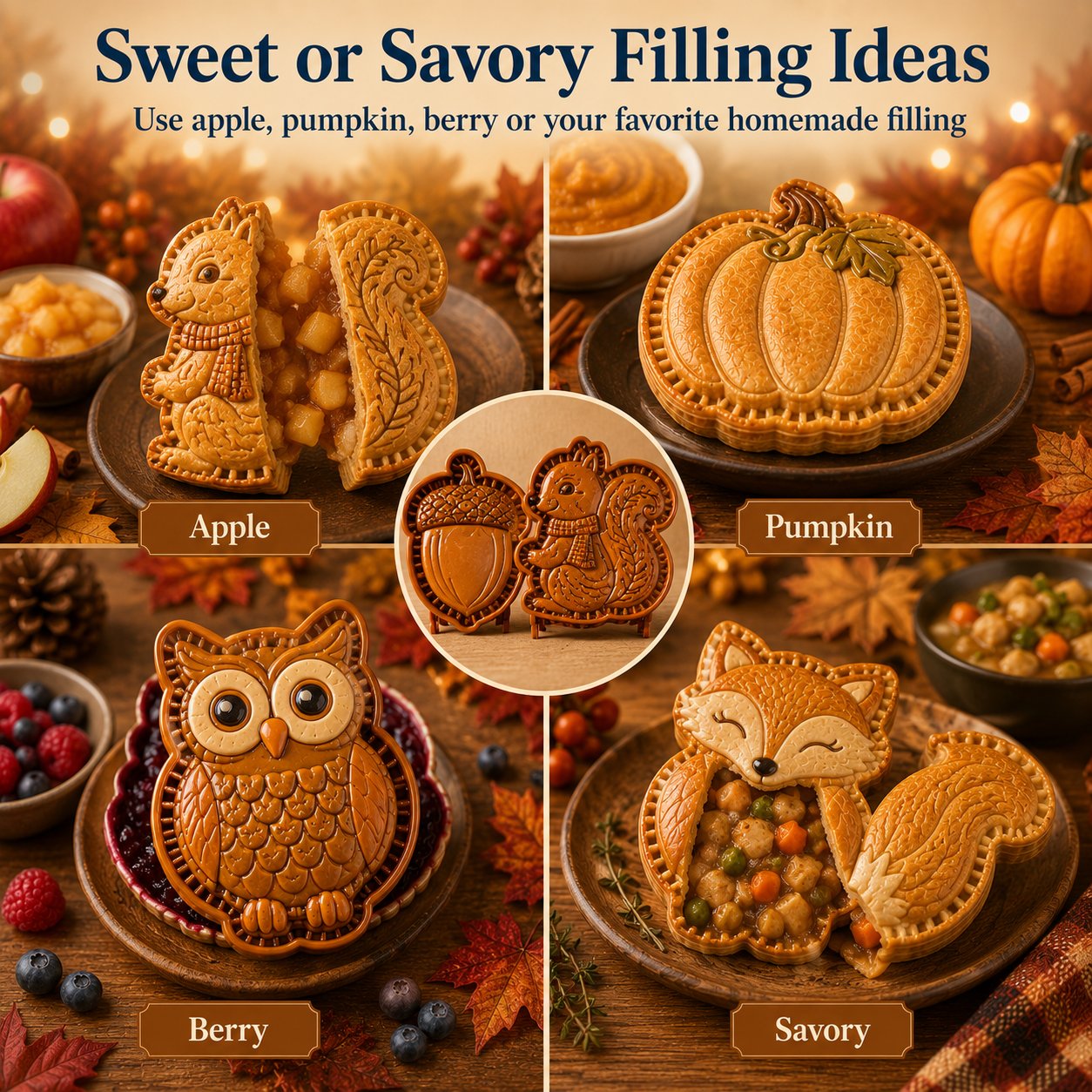 💥Buy 3 Get Free Shipping🔥 Reusable Fall Embossed Mini Pie Molds, 8 Cute Shapes Owl Fox Turkey Pumpkin🥧✨