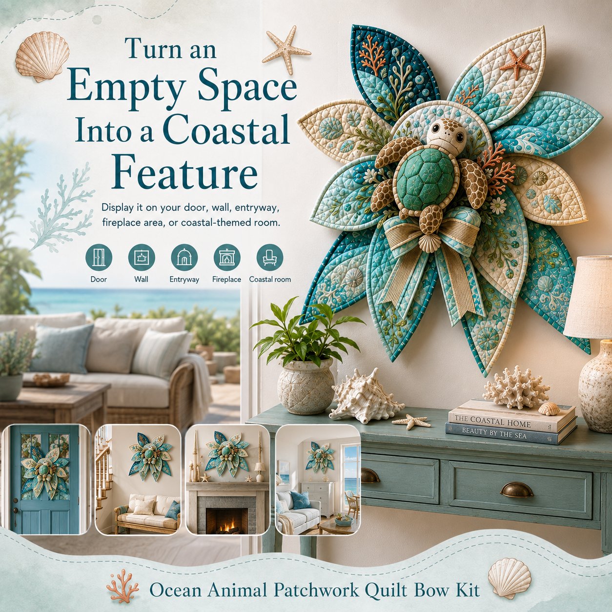💥LAST DAY 50% OFF -🌊 DIY Ocean Animal Quilted Bow Kit – Large 3D Coastal Door & Wall Décor
