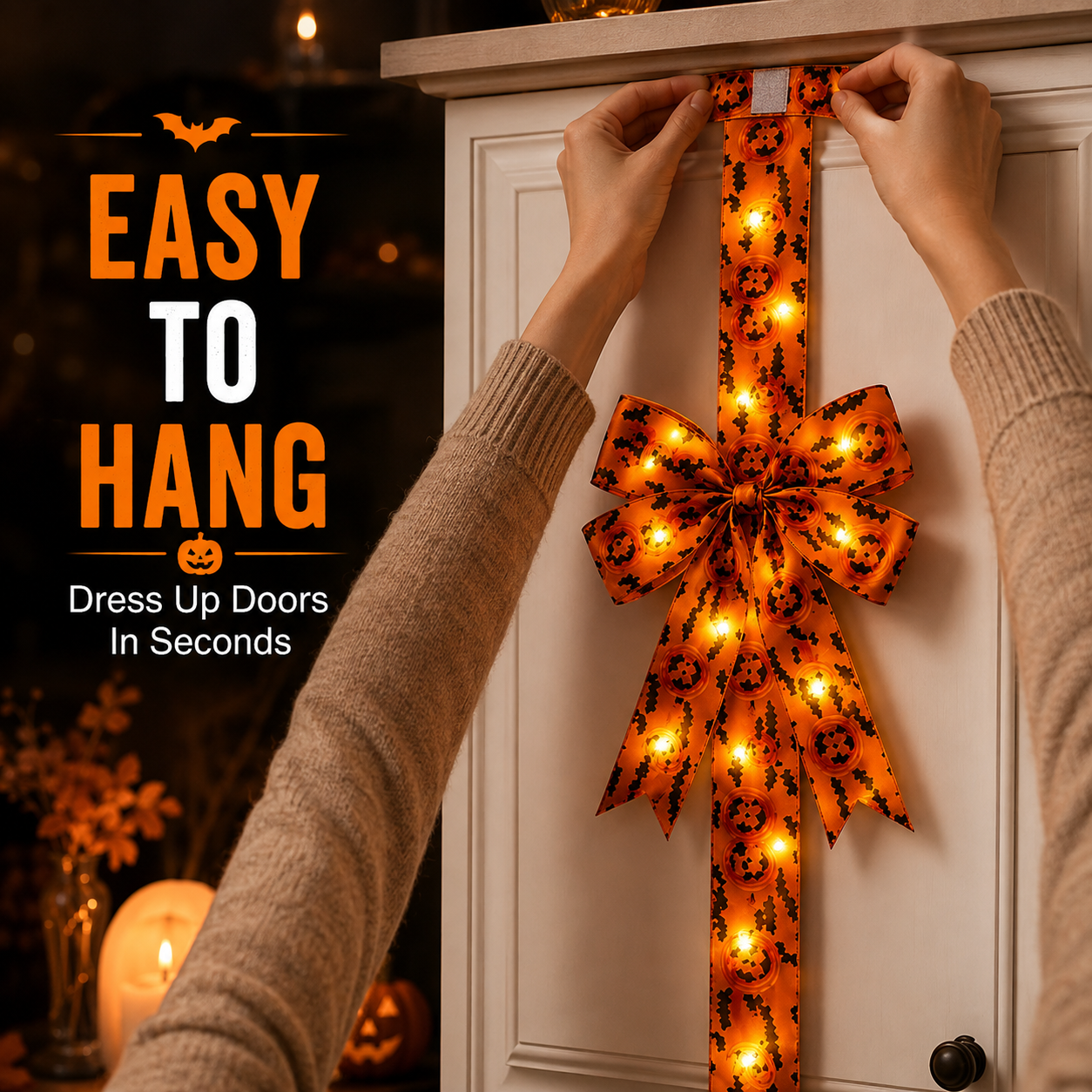 Attaching Halloween ribbon bow onto cabinet door smoothly