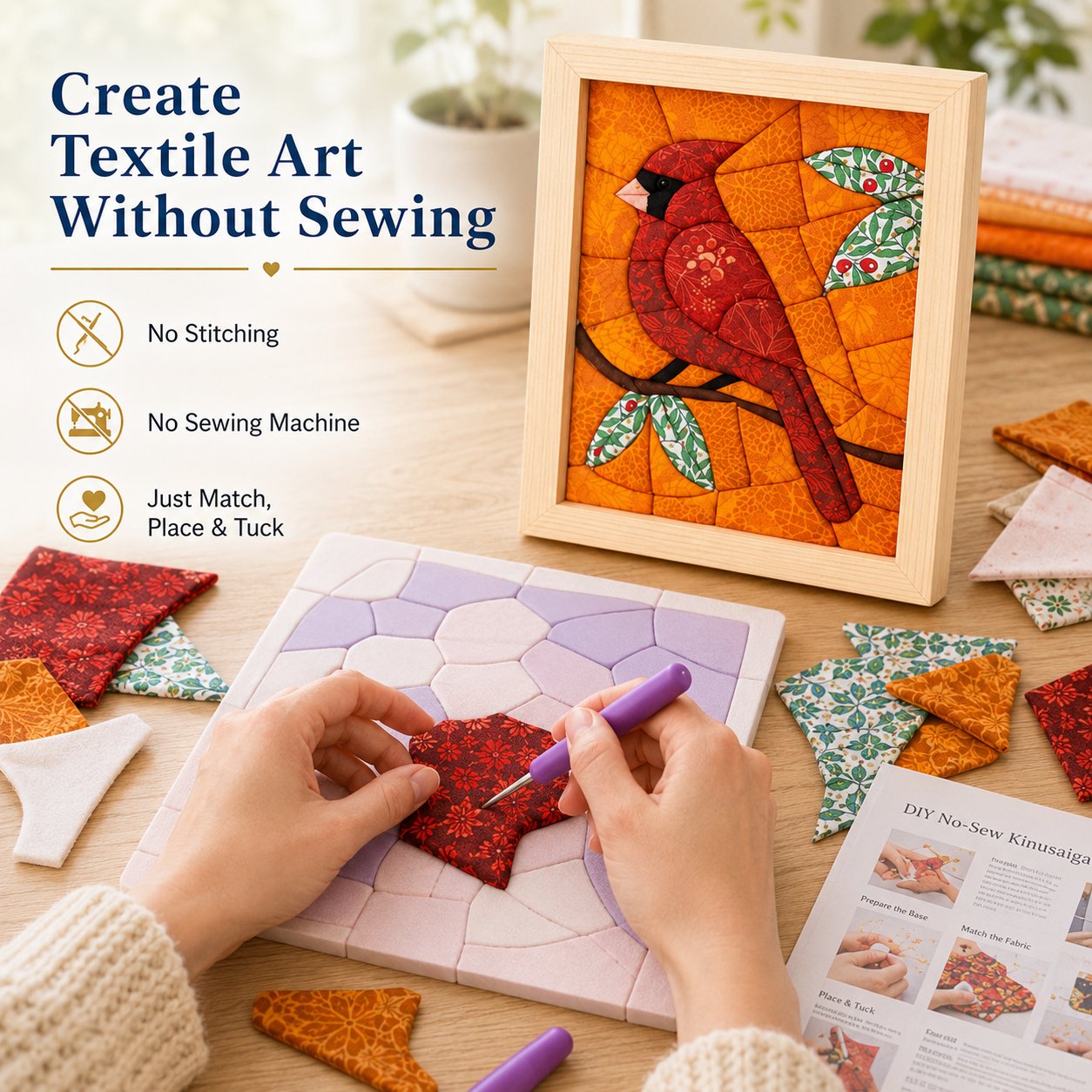 🧵 No-Sew Kinusaiga Fabric Art Kit DIY Layered Tucking Textile Decor