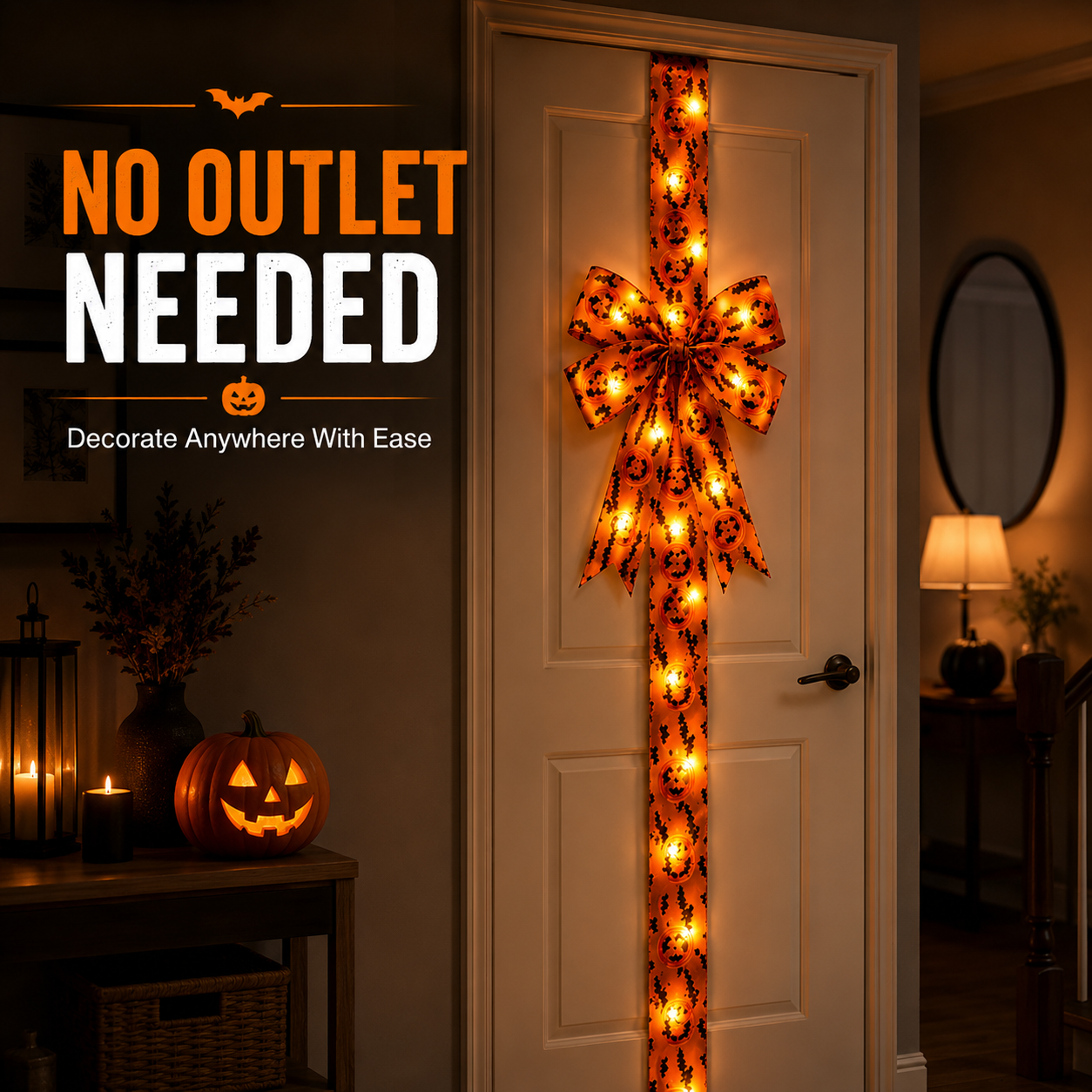 Multiple light-up Halloween ribbons styled on kitchen cabinets