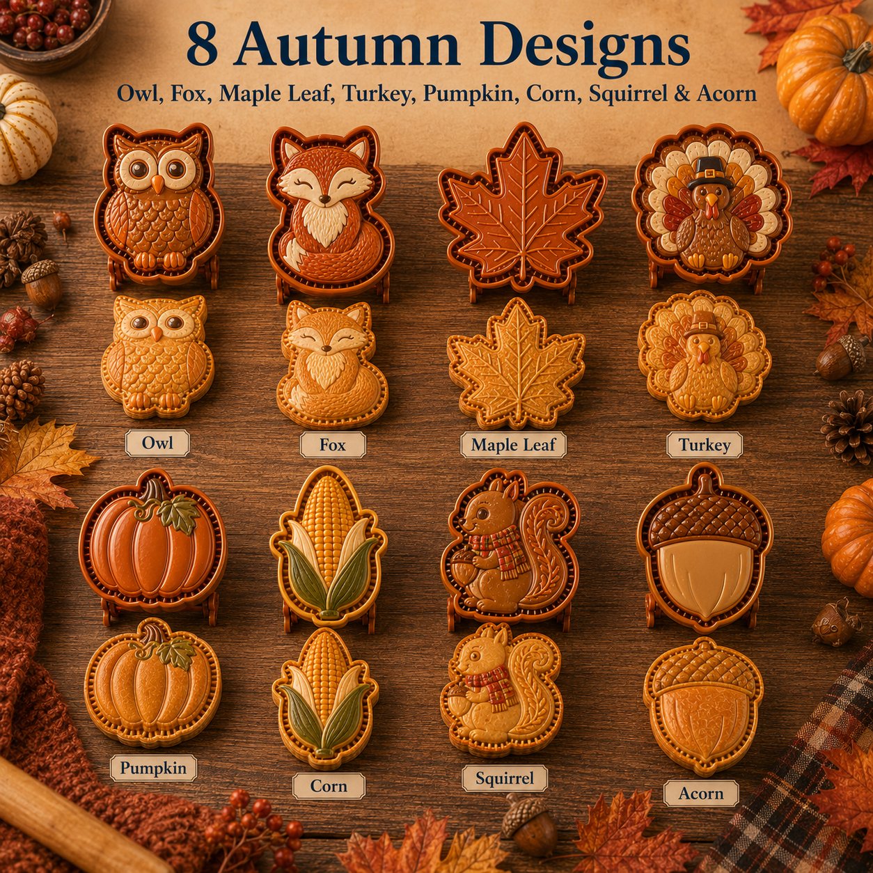 💥Buy 3 Get Free Shipping🔥 Reusable Fall Embossed Mini Pie Molds, 8 Cute Shapes Owl Fox Turkey Pumpkin🥧✨
