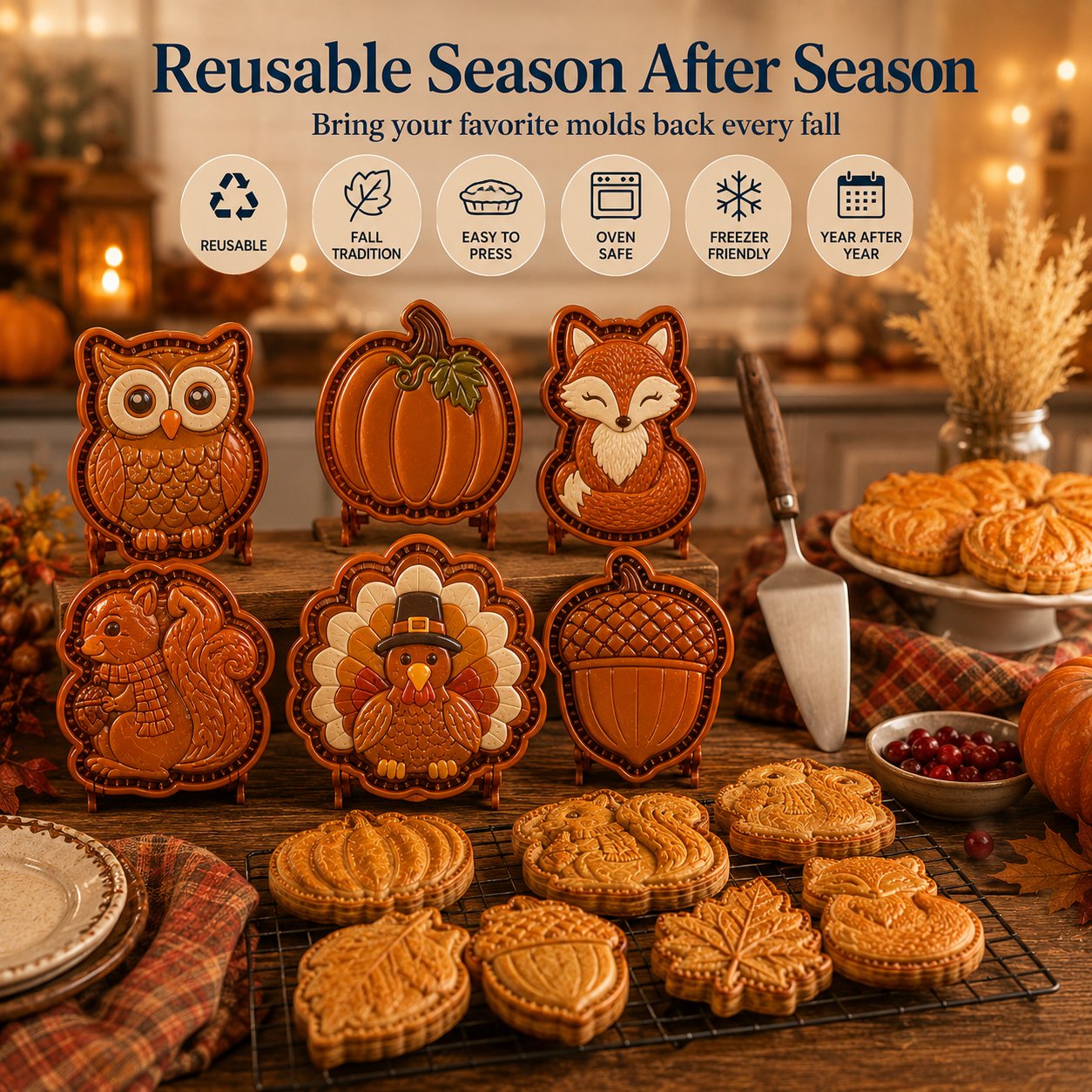 💥Buy 3 Get Free Shipping🔥 Reusable Fall Embossed Mini Pie Molds, 8 Cute Shapes Owl Fox Turkey Pumpkin🥧✨