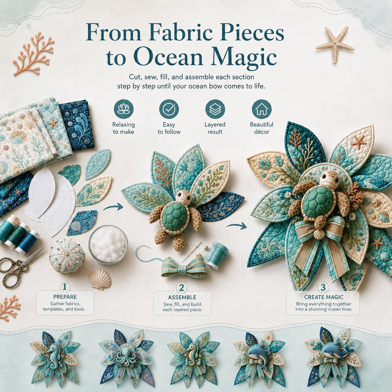💥LAST DAY 50% OFF -🌊 DIY Ocean Animal Quilted Bow Kit – Large 3D Coastal Door & Wall Décor