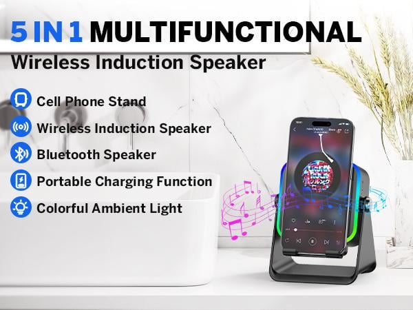 Wireless Induction Audio Speaker Stand, 5in1 Cellphone Holder, 3500mAh Rechargeable Emergency Power Bank,360&deg; Adjustable Mobile Tablet Stand with Colorful Ambient Light Gifts for Men Women